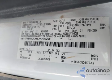 2018 Ford Transit-350 из США, поврежденный, VIN 1FTBW2CM6JKA88298